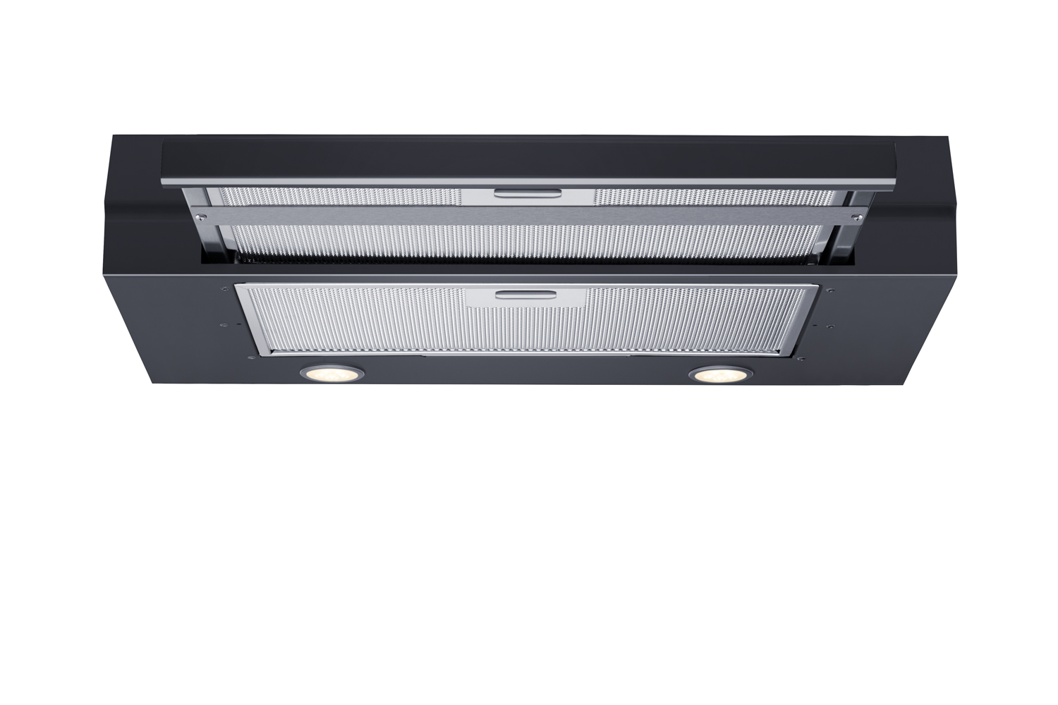 24 inch wide ADA compliant under cabinet retractable range hood for ductless use in black, made in the USA with separate wall switch for ADA applications